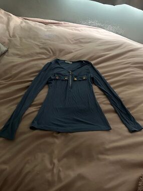 Long-Sleeve half zip  Navy Henley Top with Button Detail